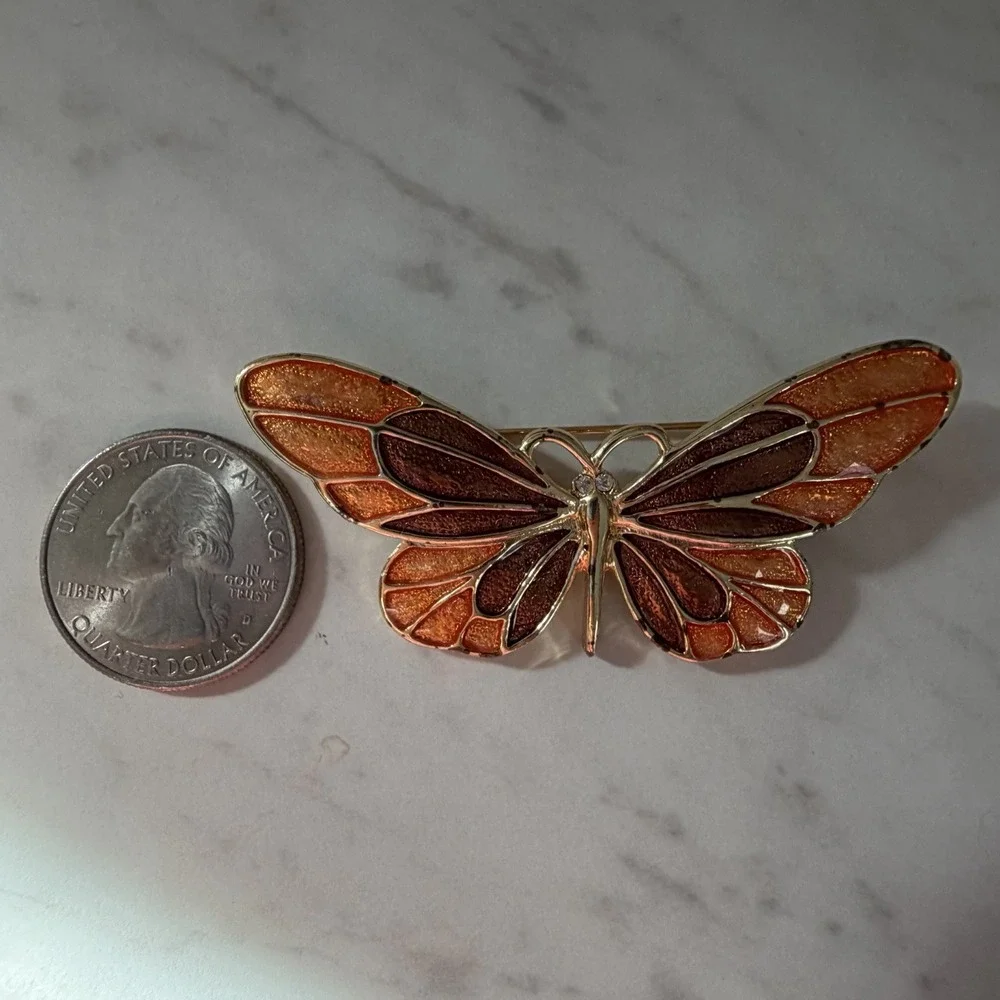 Vintage SFJ‎ Orange Brown Enamel Butterfly Pin Brooch Orange Brown Gold Tone
